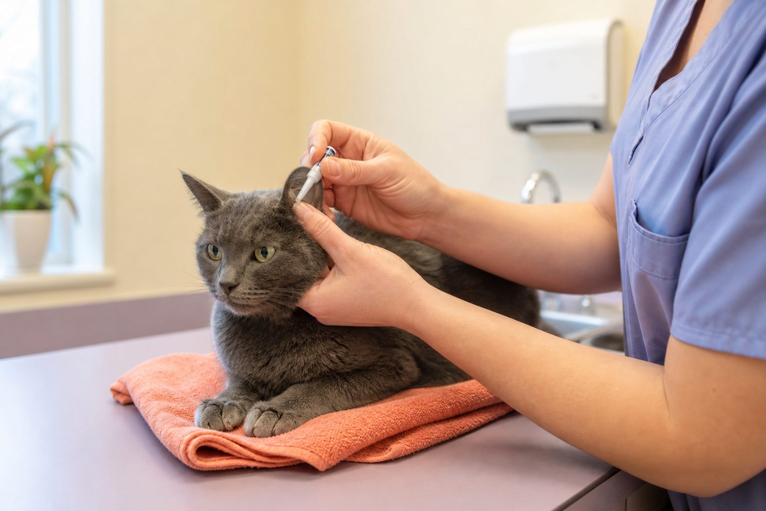 Veterinary technician applying transdermal gel to a gray cat's ear in a cream and lavender treatment room