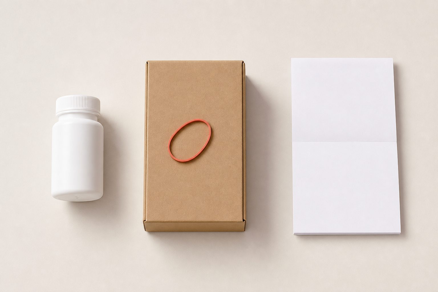 Three flat lay groups on cream: a pharmacy vial, a shipping box, and a folded prescription pad sheet