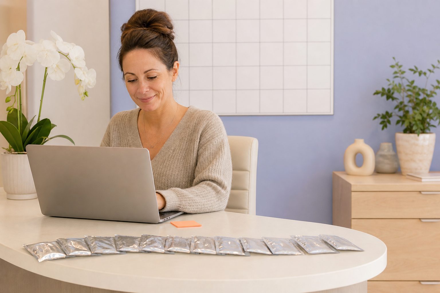 Practice manager at a clinic reception desk with a laptop and twelve foil dose packets fanned on the counter