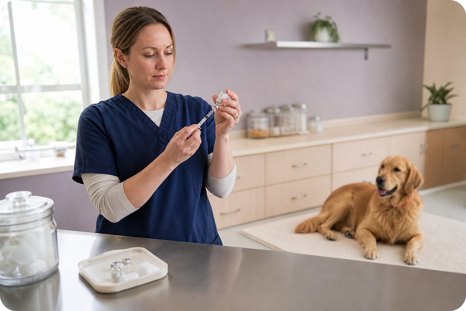 Veterinarian drawing an injection at a prep counter while a calm retriever waits on a cream mat