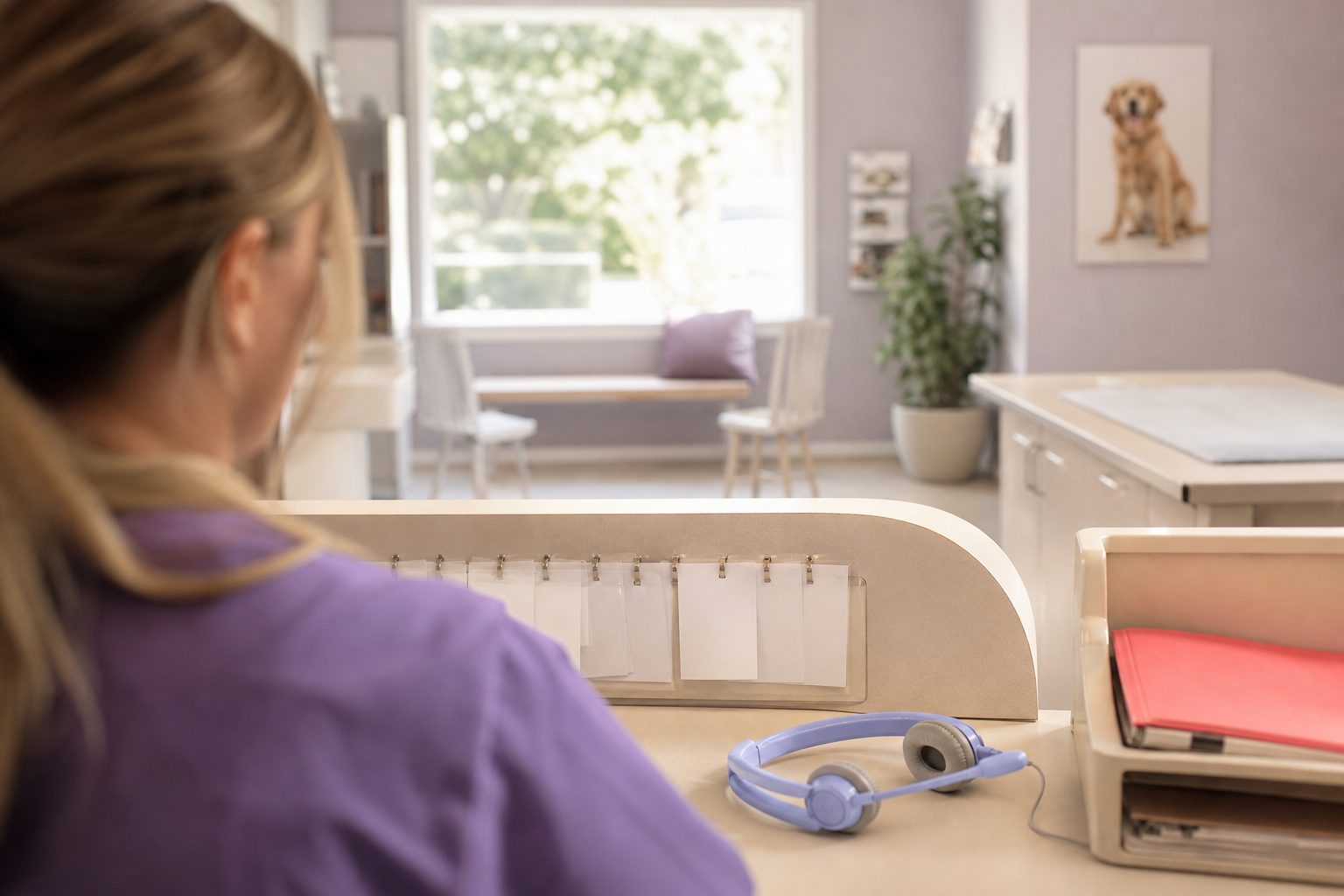 Front desk of a small animal clinic with refill slips clipped to a board and a periwinkle headset