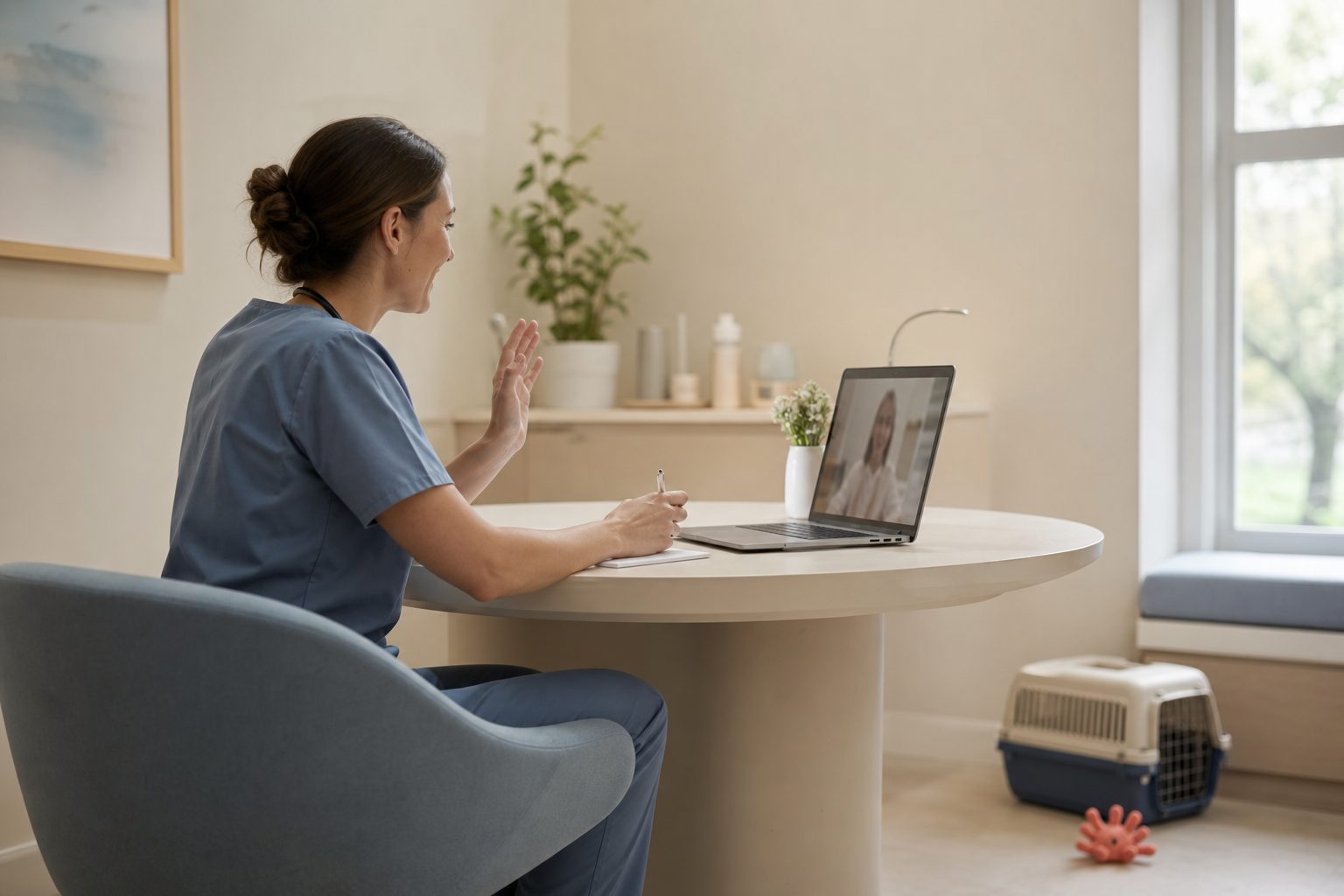 Veterinarian taking a video call at a cream desk with a cat carrier and coral toy on the floor nearby