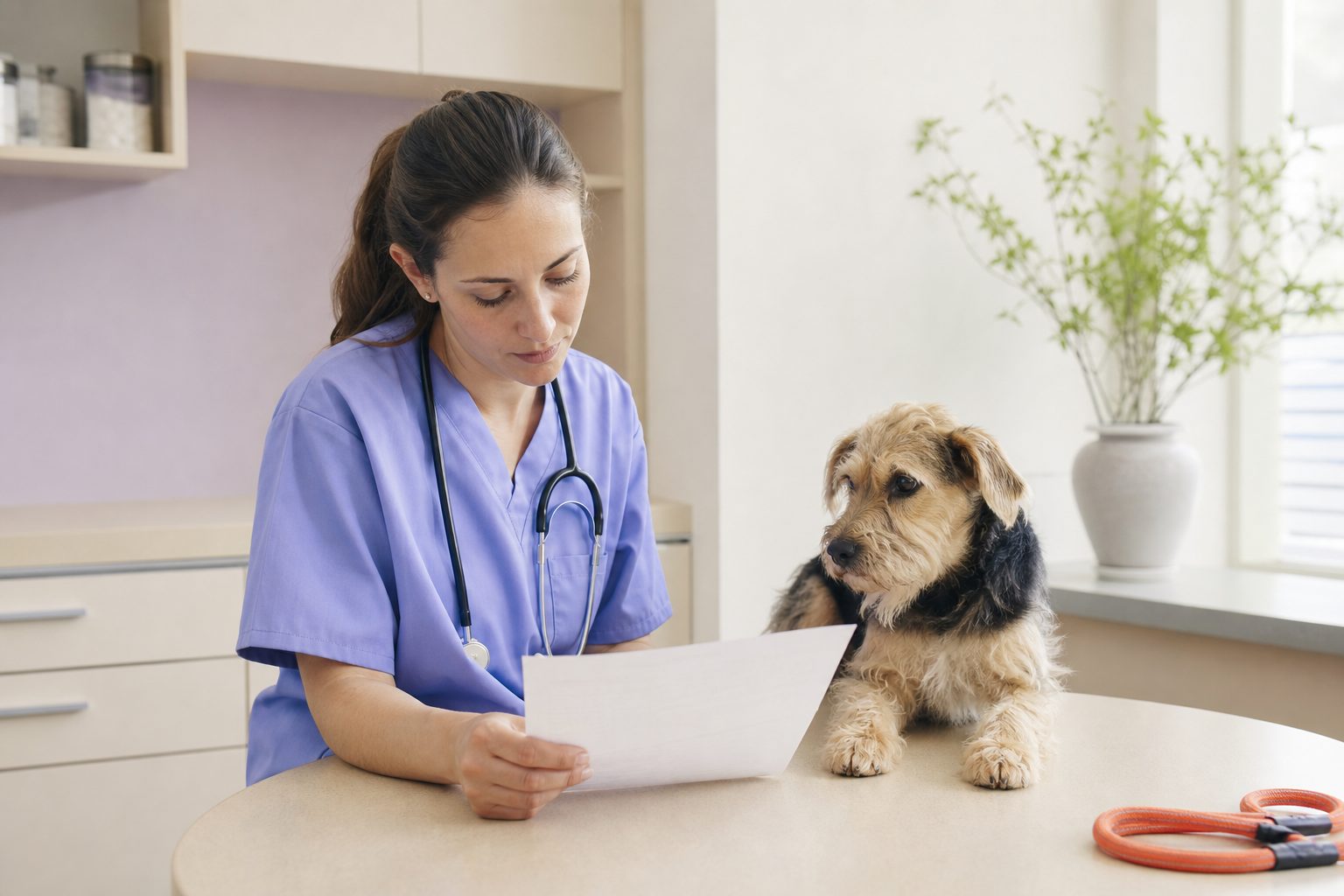 Veterinarian in periwinkle scrubs reviewing a paper chart beside a small terrier on an exam table