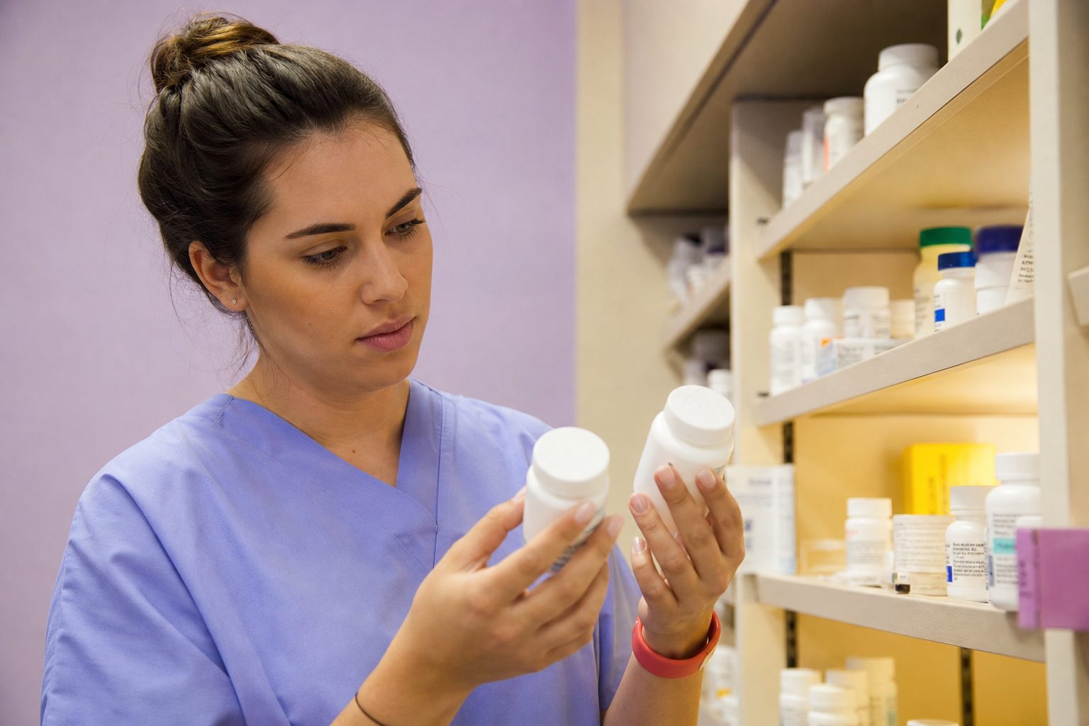 Technician comparing two similar white pill bottles side by side under a warm pharmacy shelf light