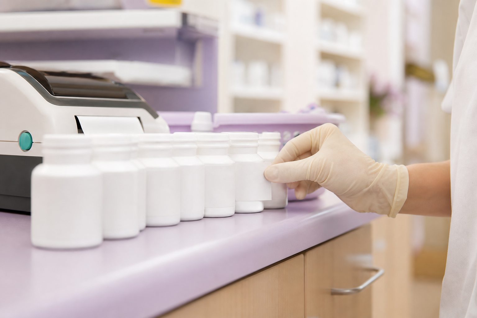 Gloved hand smoothing a blank label onto a white prescription vial on a pale lavender pharmacy counter