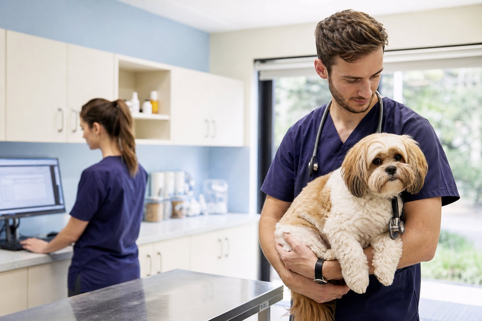 Veterinarian in scrubs holding a small dog while a technician checks a prescription record on a clinic computer
