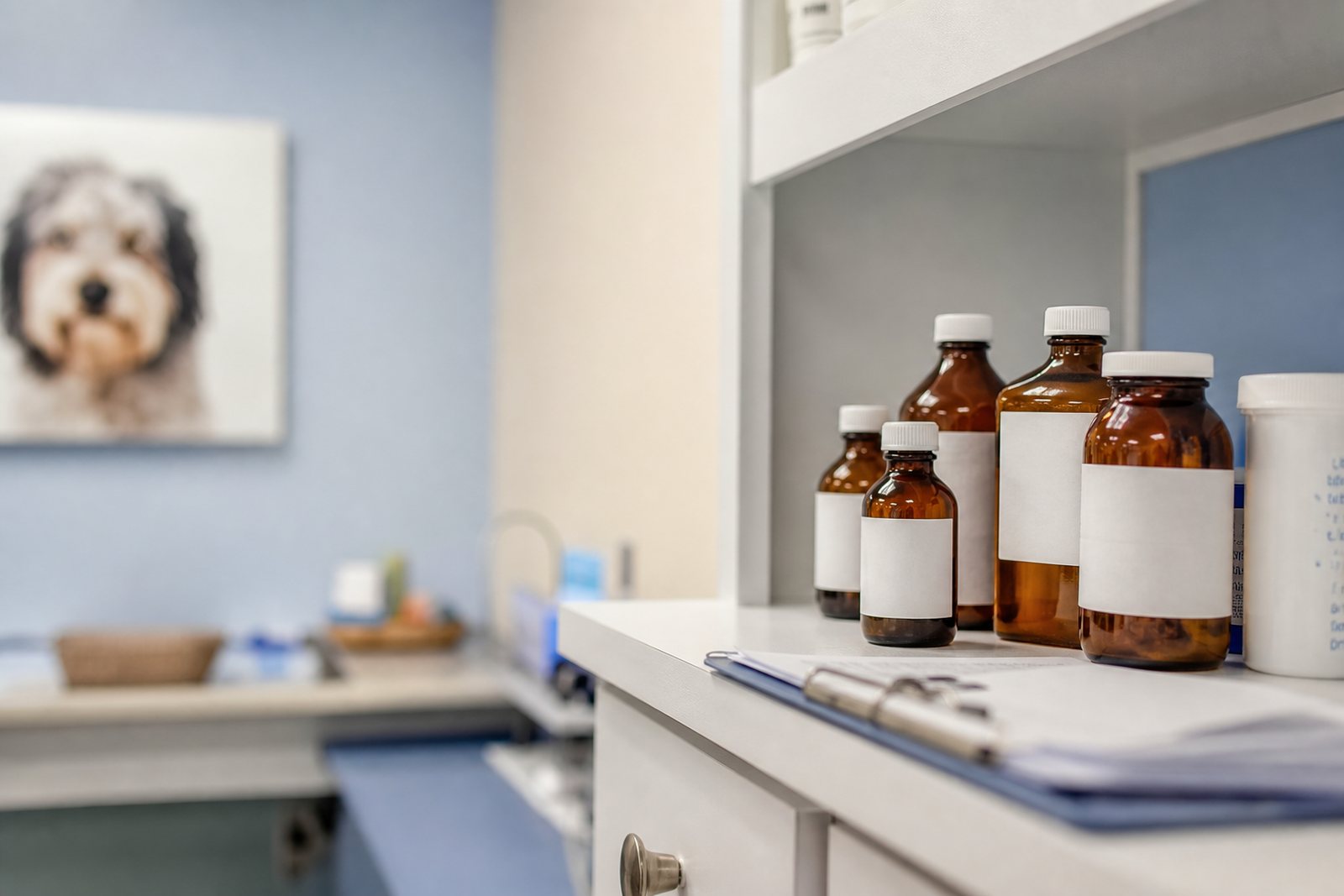 Veterinary pharmacy shelf lined with amber prescription bottles beside a clipboard in a bright clinic